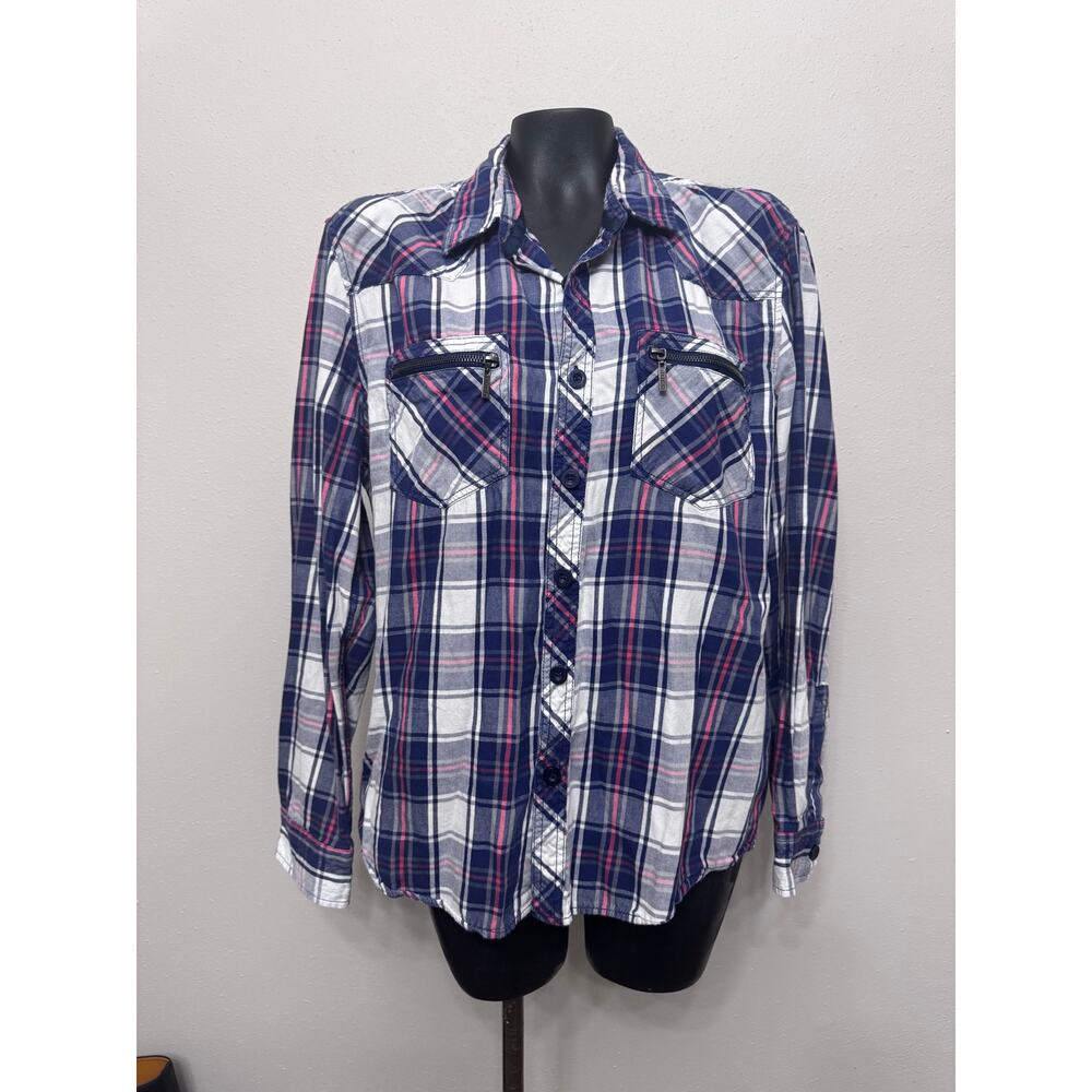 JNCO Plaid ButtonUp Shirt Sz XL Zipper Pocket Long Sleeve Skater Grunge‎ 90s Y2K